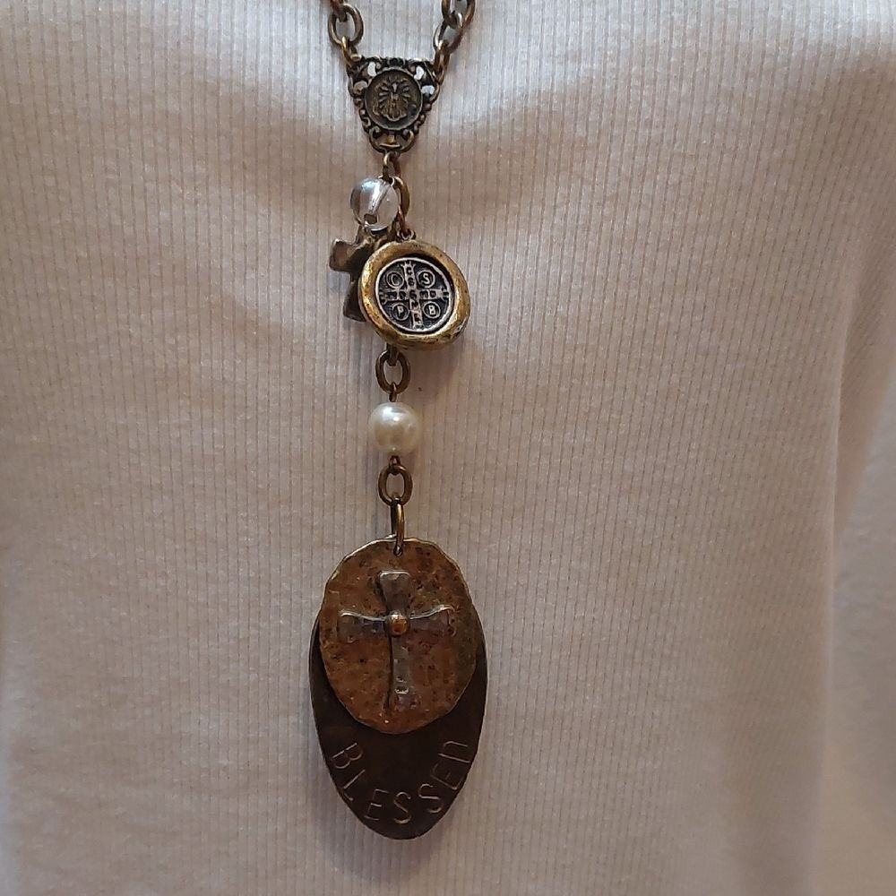 Religious Catholic Christian Blessed Crucifix Copper Statement Necklace
